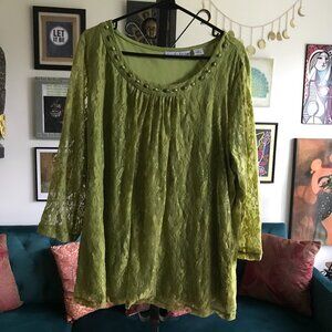 SAG HARBOR size 2X Green Lace Embellished Neckline 3/4 Sleeve Stretch Top